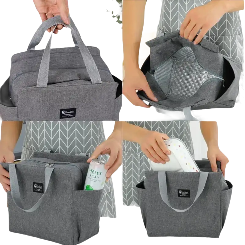 Gray insulated lunch bag.
