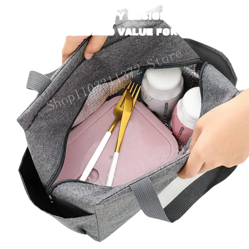 Gray insulated lunch bag.