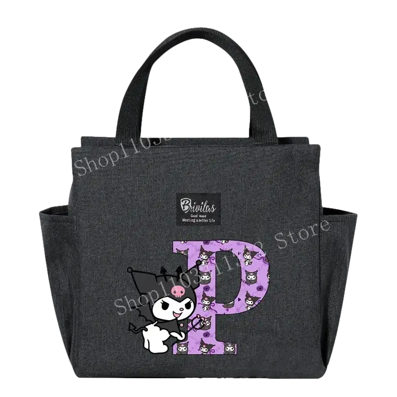 Gray tote bag with cartoon character.