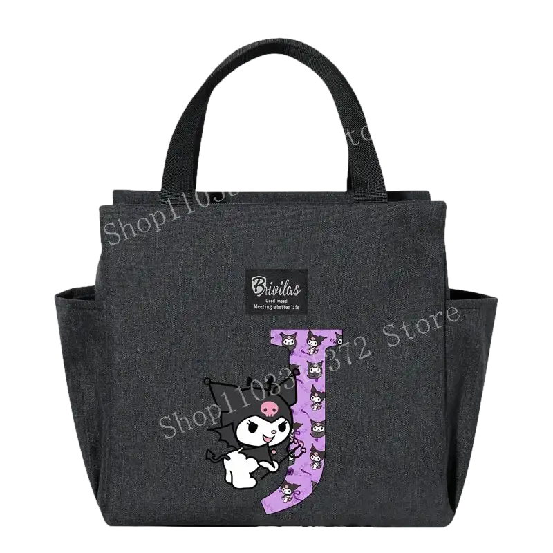 Gray tote bag with cartoon character.