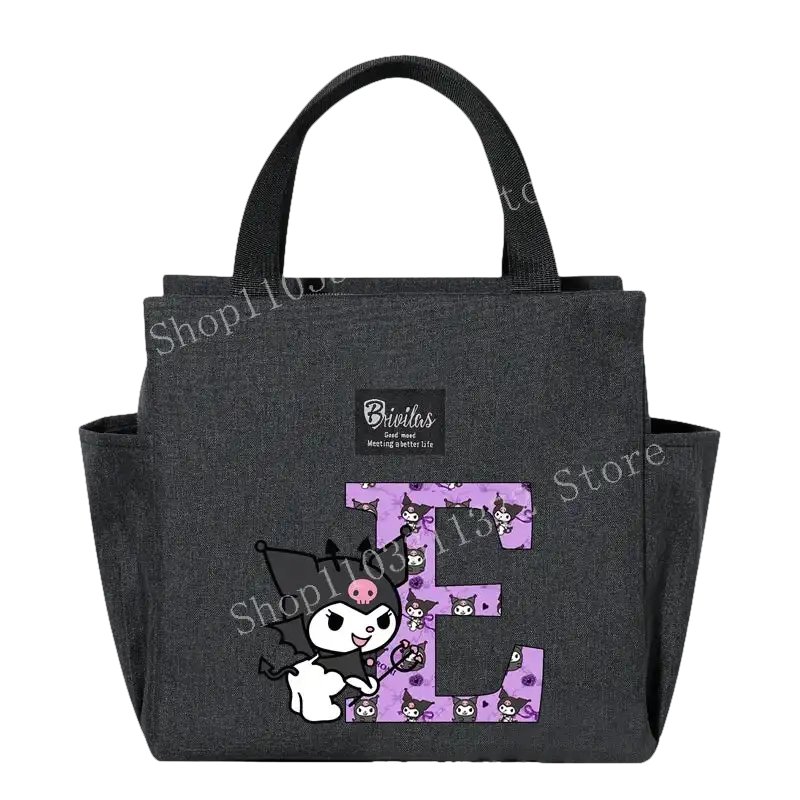 Gray tote bag with cartoon character.