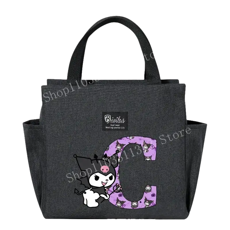 Gray tote bag with Kuromi design.
