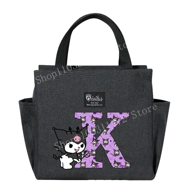 Gray lunch bag with Kuromi and letter K.