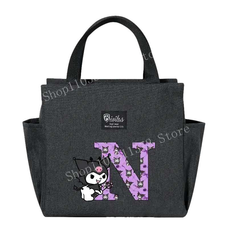 Gray lunch bag with cartoon character.