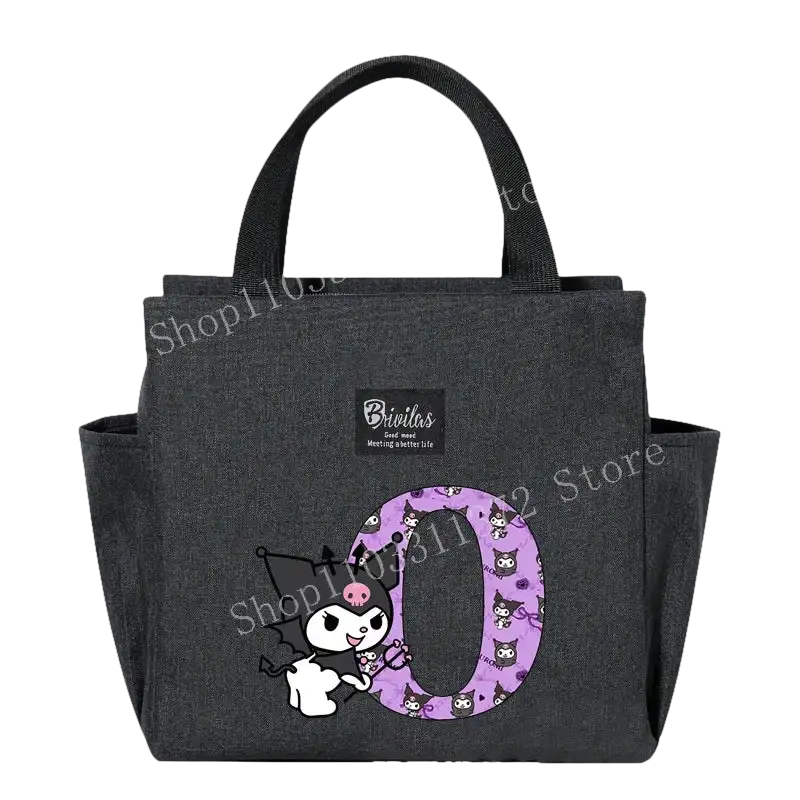 Gray tote bag with cartoon character.