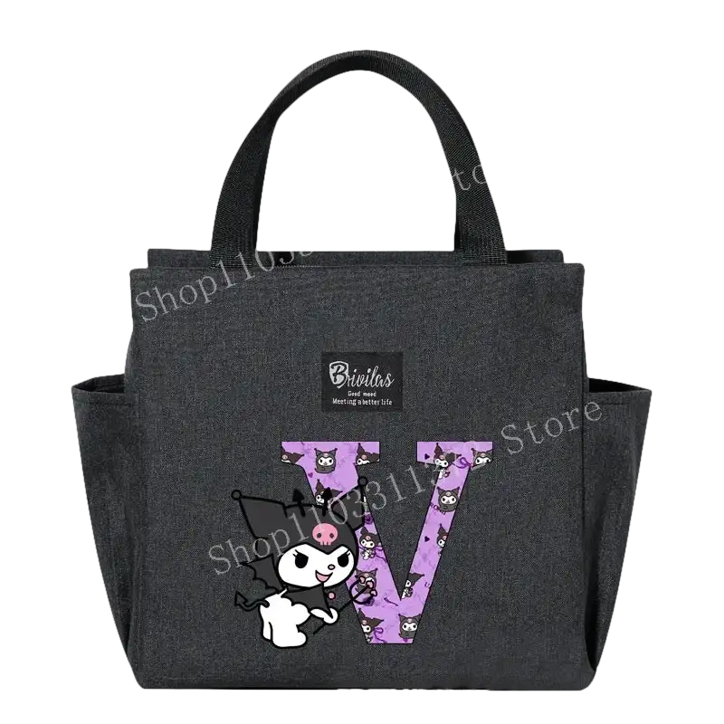 Gray tote bag with cartoon character.