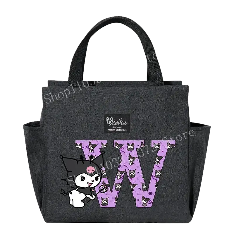 Gray lunch bag with Kuromi design.