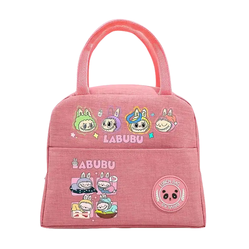 Pink insulated lunch bag with cartoon characters.