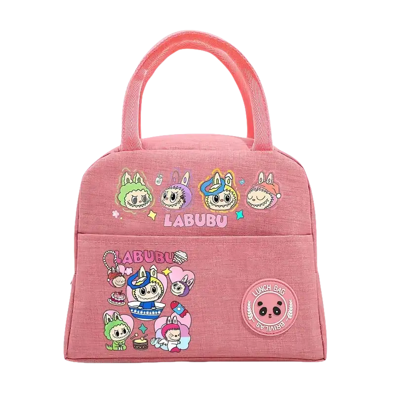 Pink cartoon-themed lunch bag.