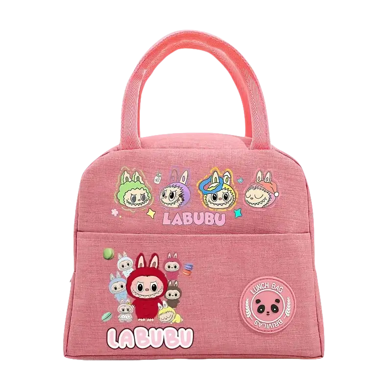 Pink cartoon-themed lunch bag.