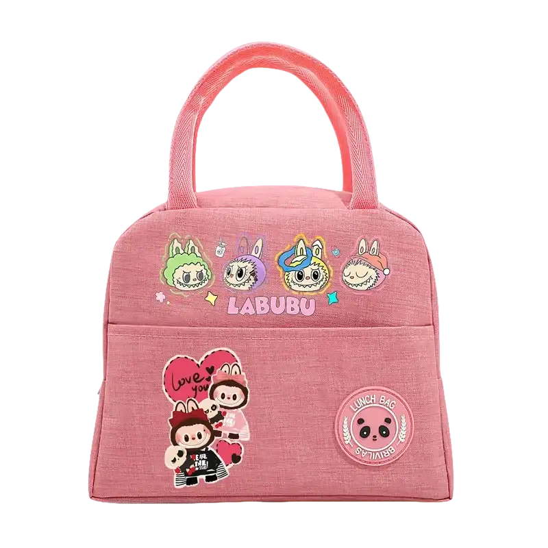 Pink cartoon-themed lunch bag.