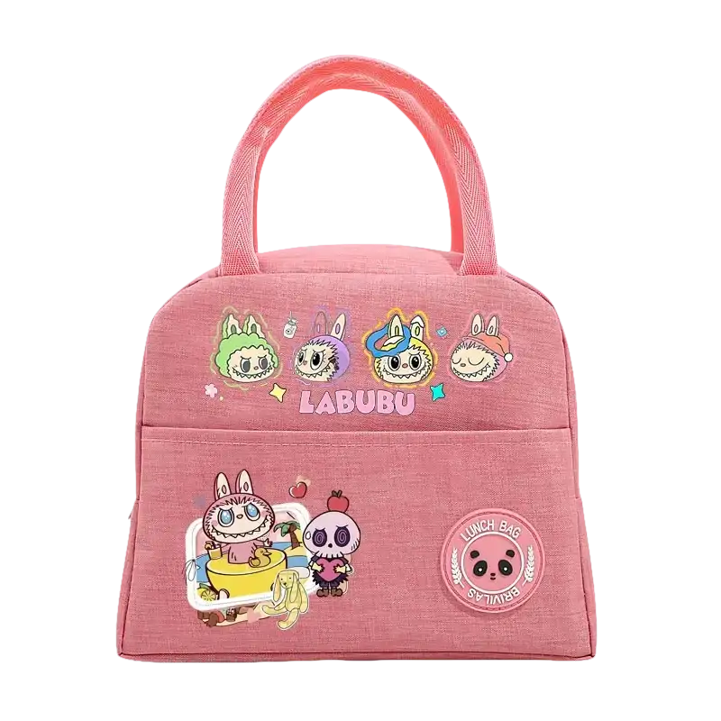 Pink insulated lunch bag with cartoon characters.