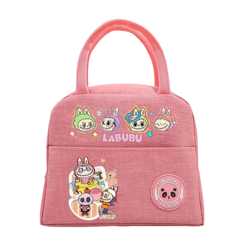 Pink cartoon-themed lunch bag.