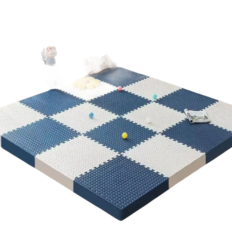 Checkered beige and navy foam play mat.