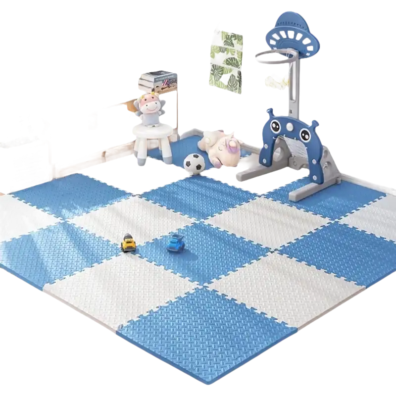 Blue and white foam play mat.