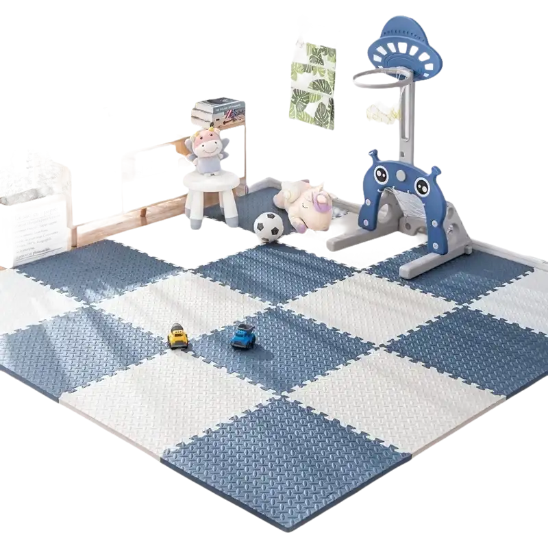 Blue and white foam floor tiles.