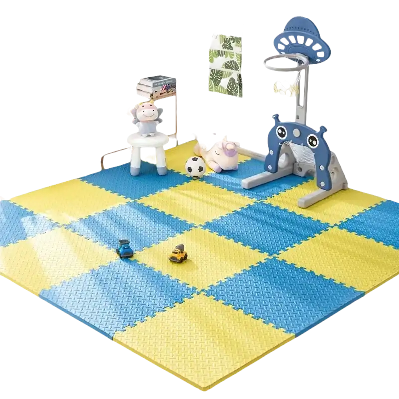 Blue and yellow foam play mat.