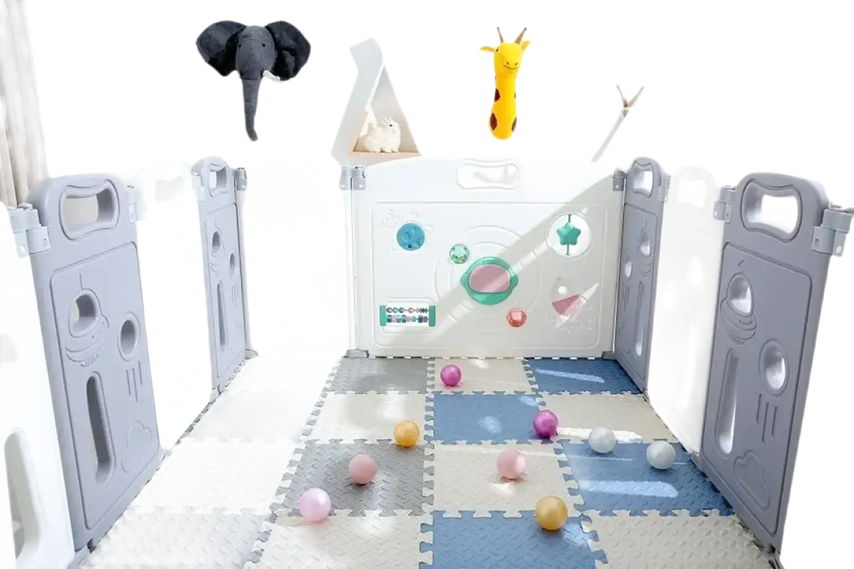 Child’s playpen with colorful balls.