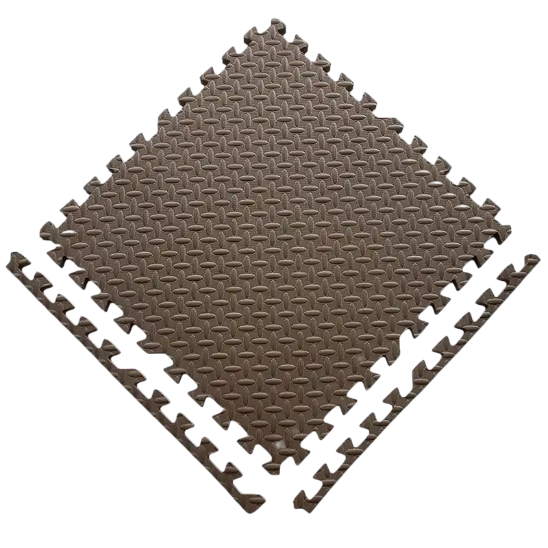 Brown interlocking foam floor tiles.