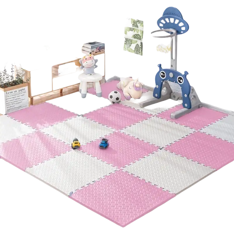 Pink and white foam play mat.