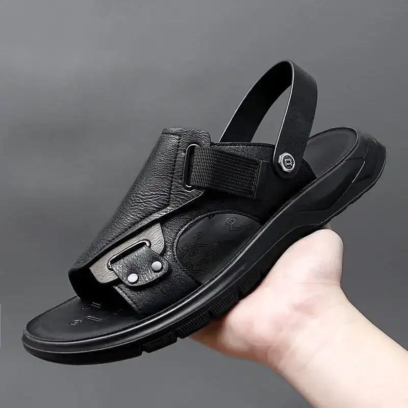 Mens Sandals Summer Genuine Leather Sandals Men Outdoor Casual Lightweight Sandal Fashion Men Sandals 2023 - black / 42