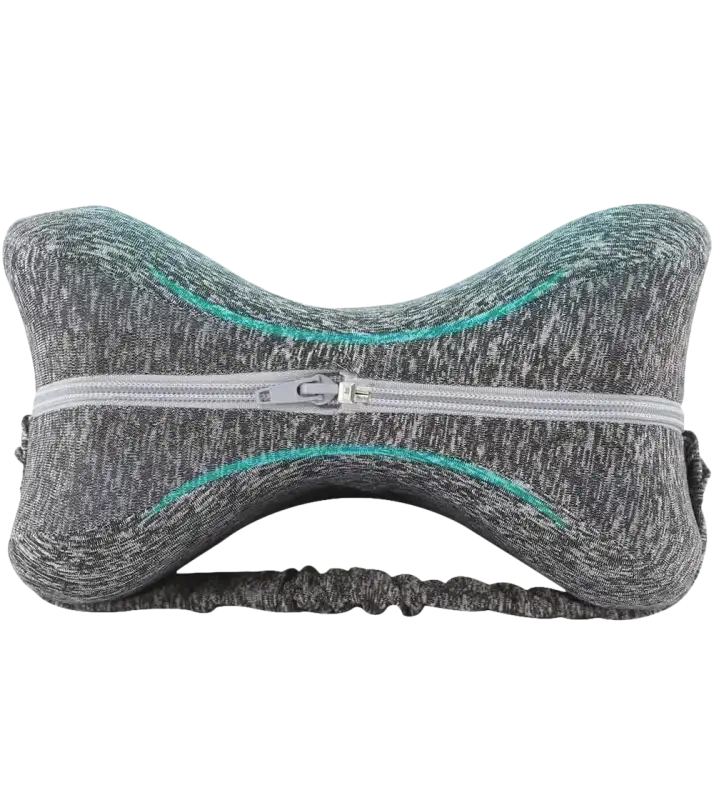 Gray knee pillow with elastic strap.