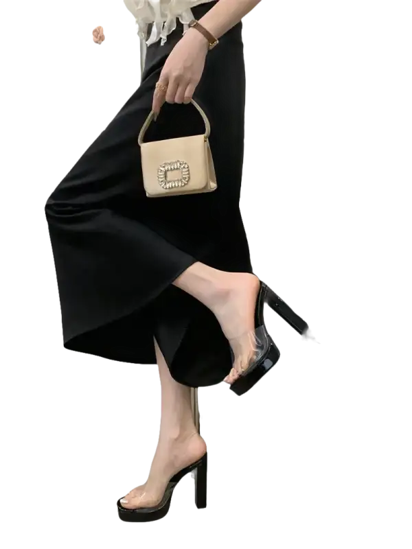 Woman wearing Liyke Summer Square Toe Heel Platform Slippers with a black skirt and beige purse
