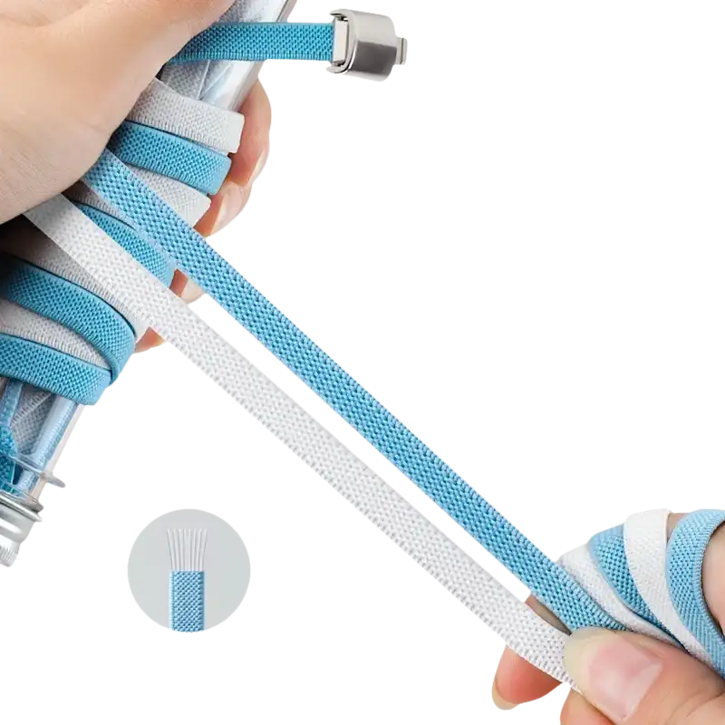 Elastic blue and white shoelaces.