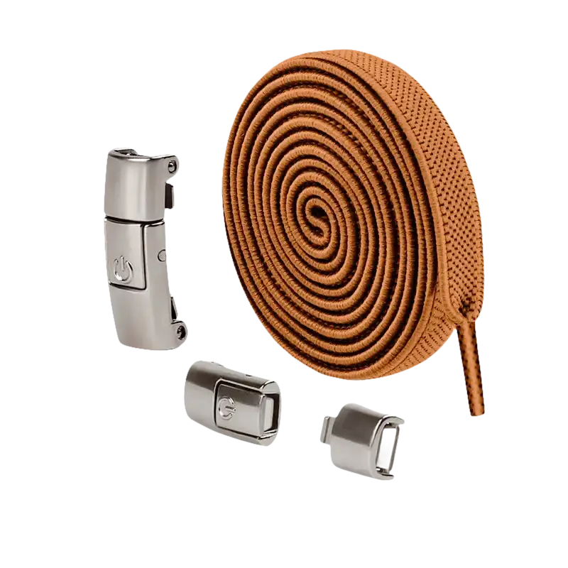Brown elastic shoelaces with magnetic buckles.