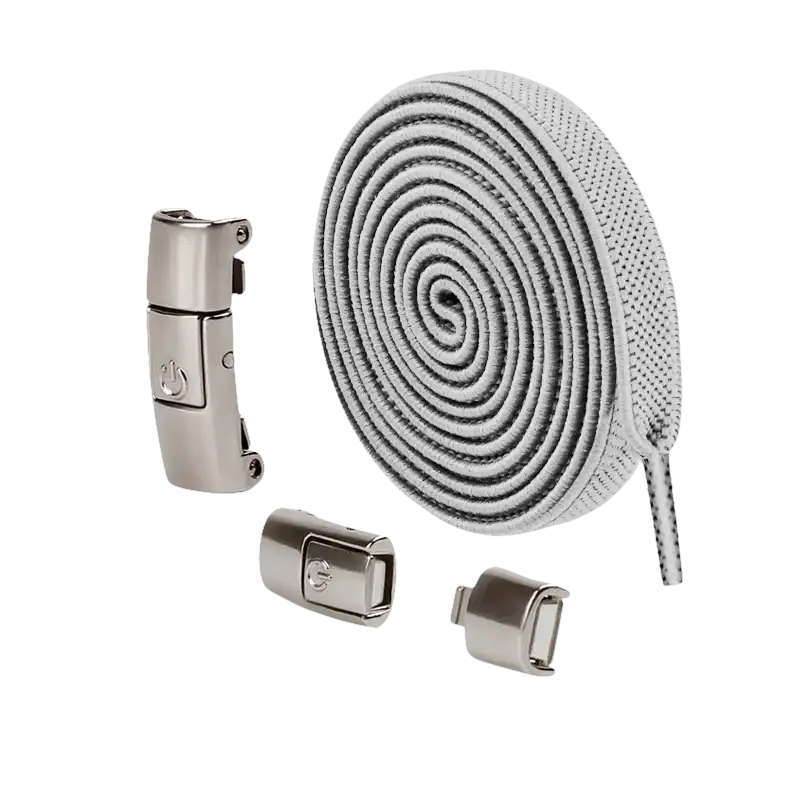 Light grey elastic shoelaces with magnetic buckles.