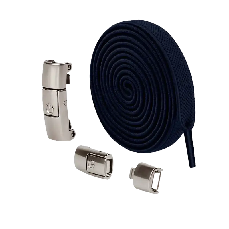 Navy blue elastic shoelaces with metal buckles.