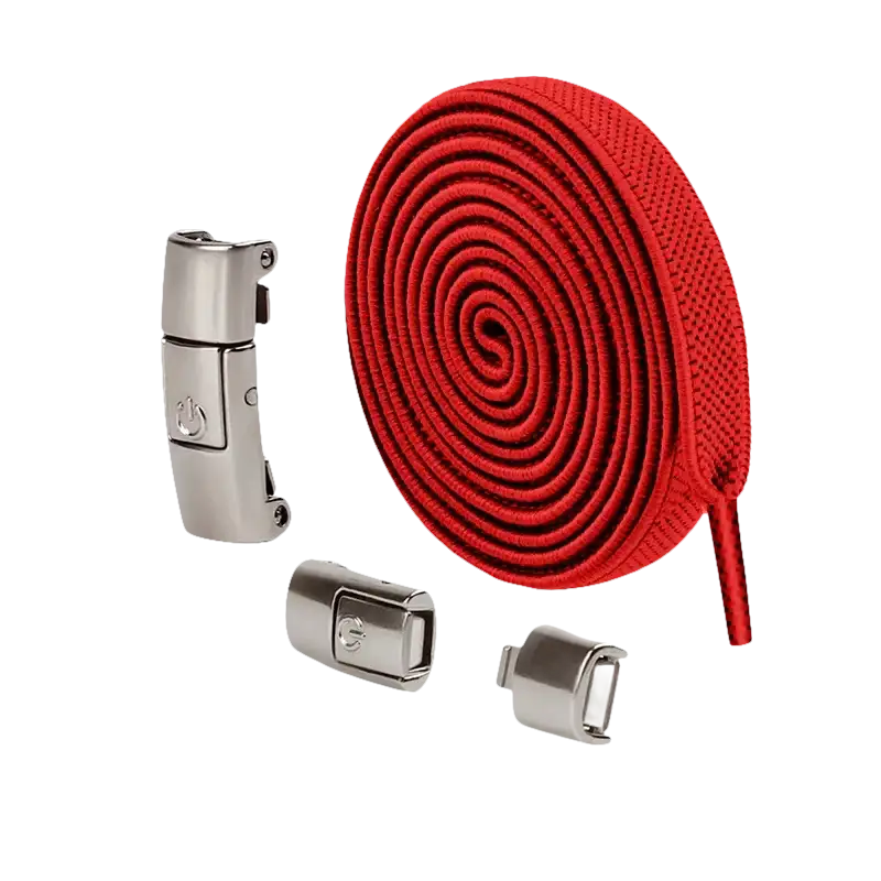 Red elastic shoelaces with magnetic buckles.