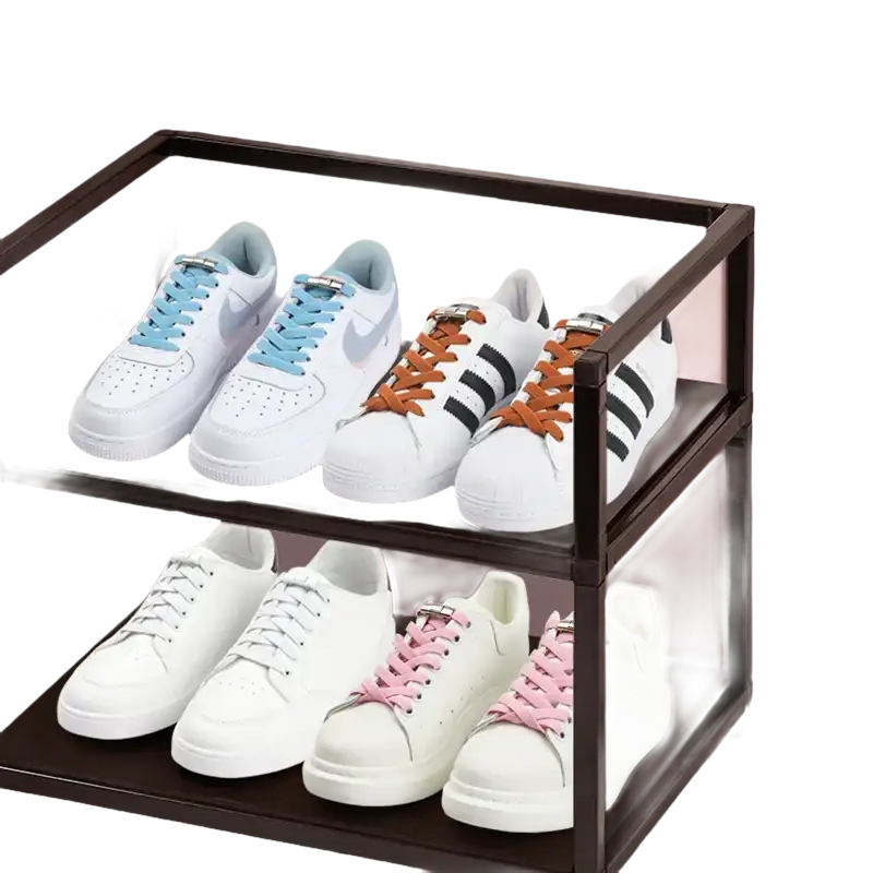 Two-tiered shoe rack with sneakers.