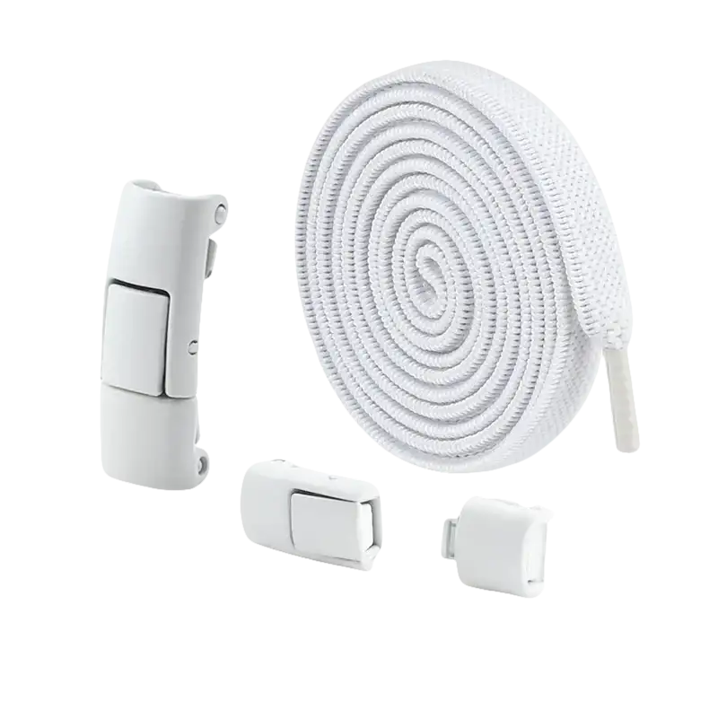 White elastic shoelaces with magnetic buckles.