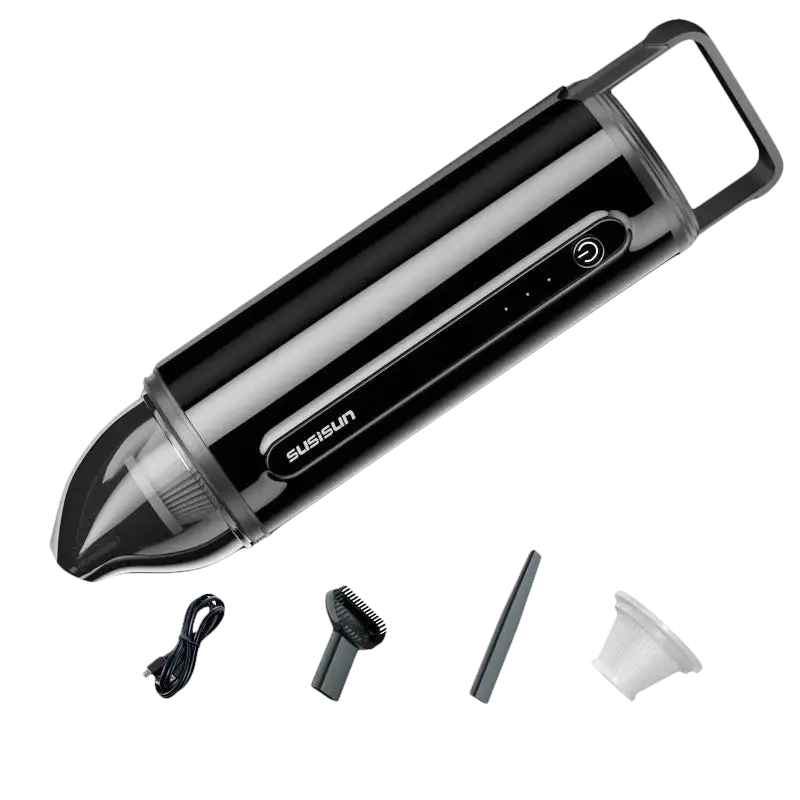 Black handheld vacuum cleaner with accessories.
