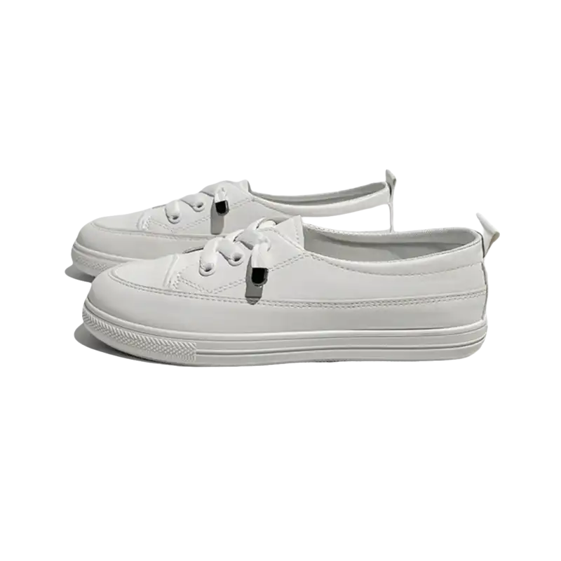 Pair of white lace-up sneakers.