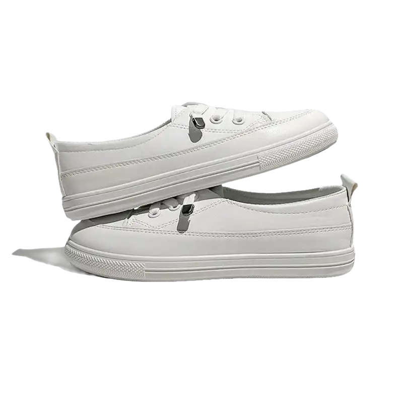 Stacked white sneakers.