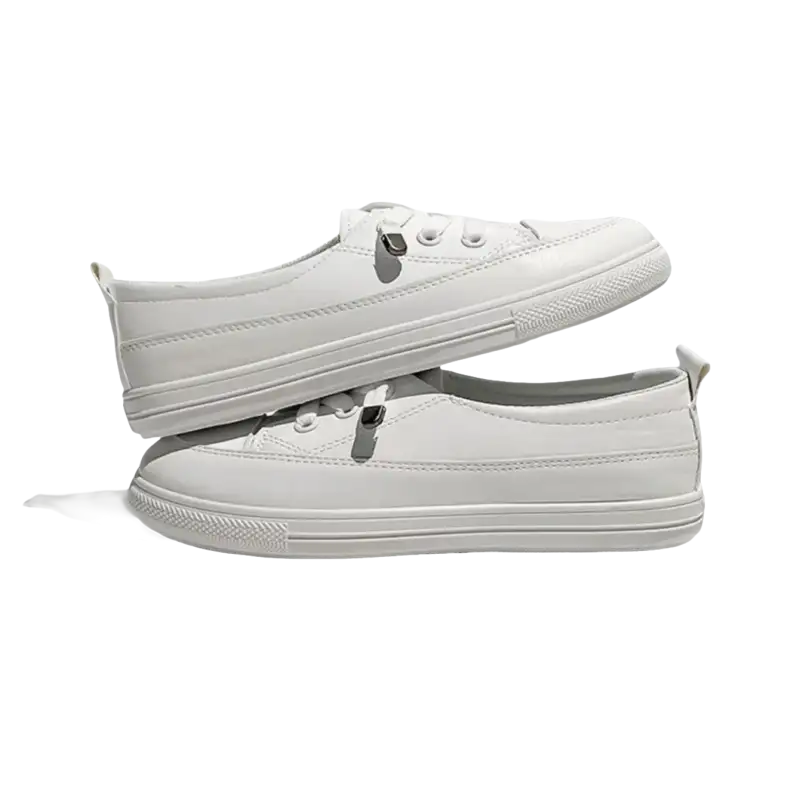 Stacked pair of white leather sneakers.