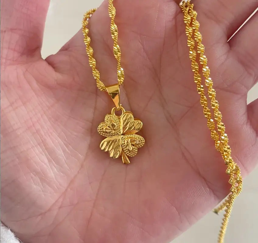 Golden Wave Pendant Necklace - Lucky Clover Necklace