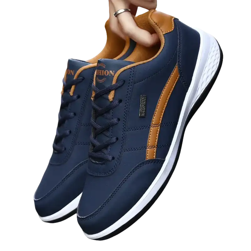 Blue and brown leather sneakers.