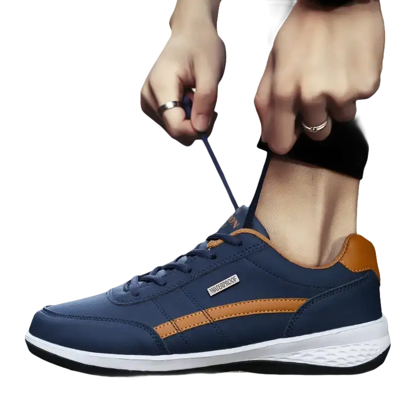 Blue and brown waterproof sneaker.