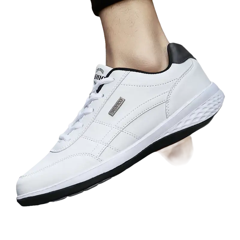White leather sneaker with black accents.