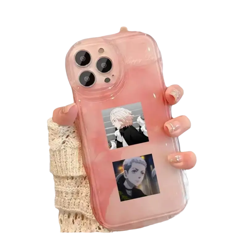 Pink phone case with anime stickers.