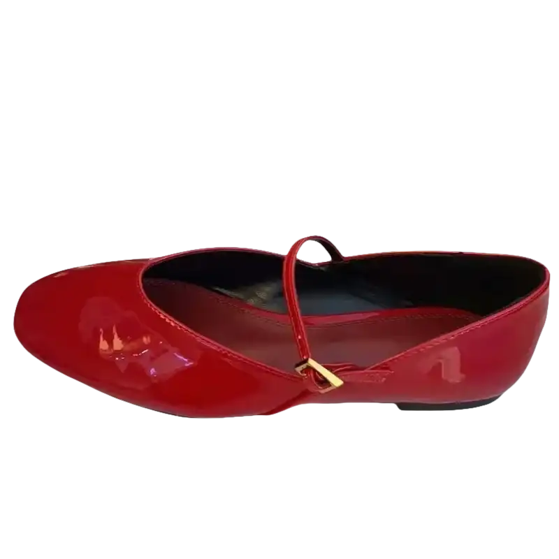 Red patent leather Mary Jane flat.