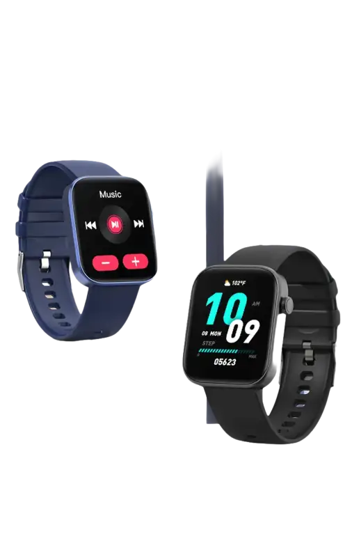 Two smartwatches with different colored bands.