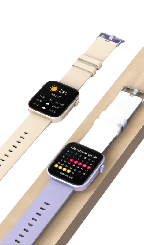 Two smartwatches with different colored bands.
