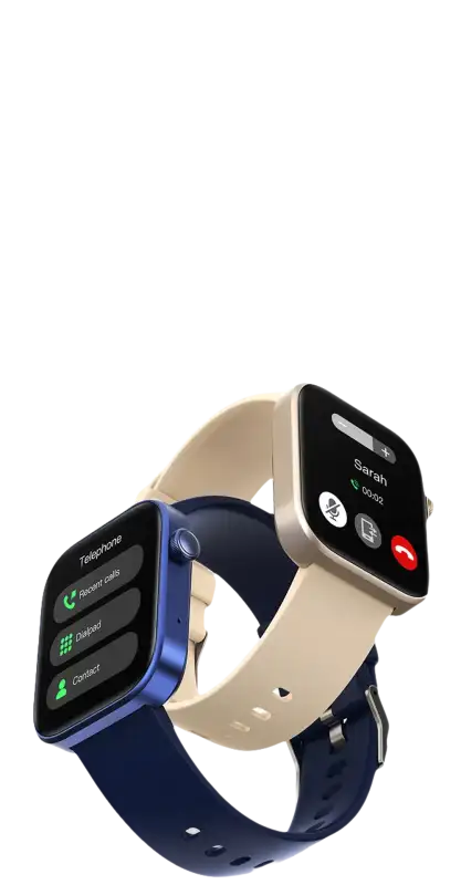 Two smartwatches with different colored bands.