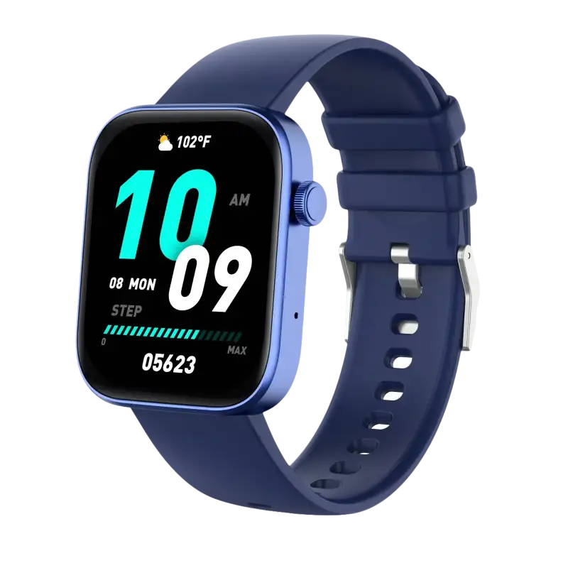 Blue smartwatch with digital display.