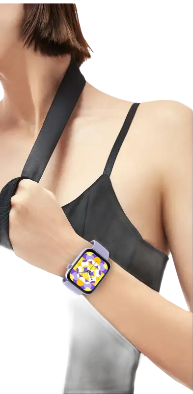 Lavender smartwatch with floral display.
