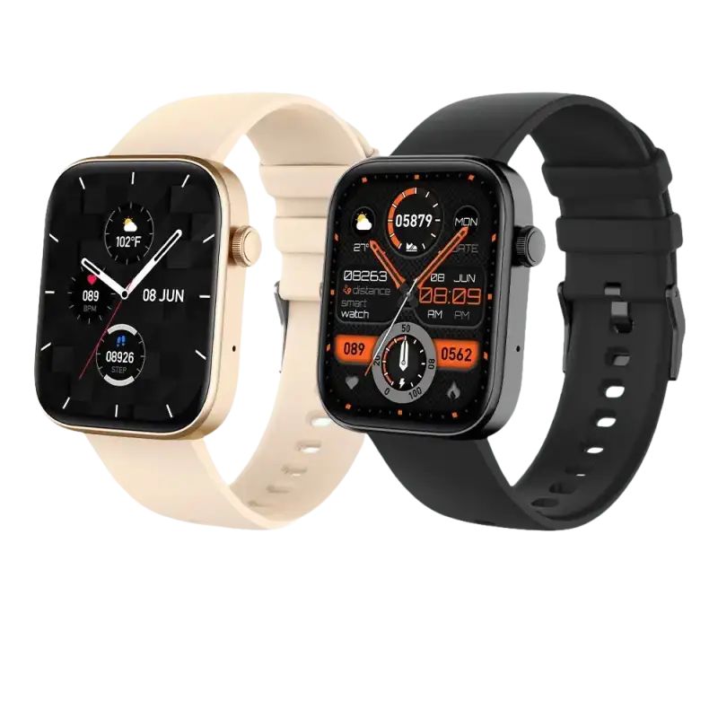 Two smartwatches with different colored bands and faces.